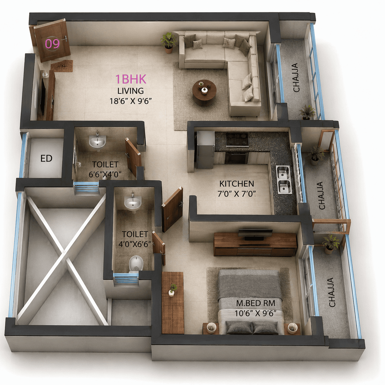 1 BHK Floor Plan